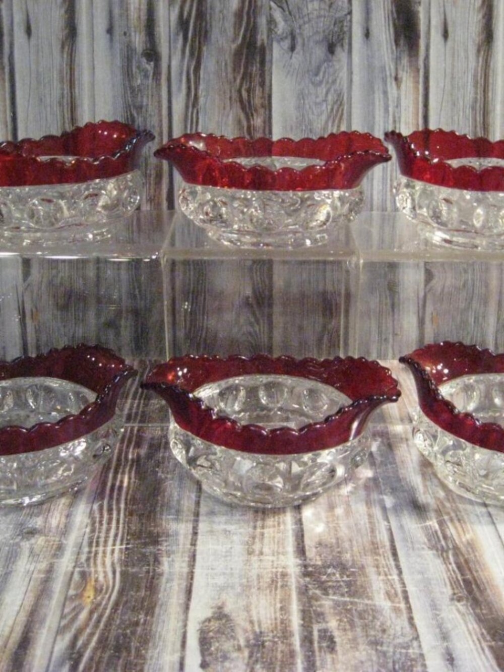 U.S. GLASS KINGS CROWN RUBY FLASHED SAUCE DISHES - 6